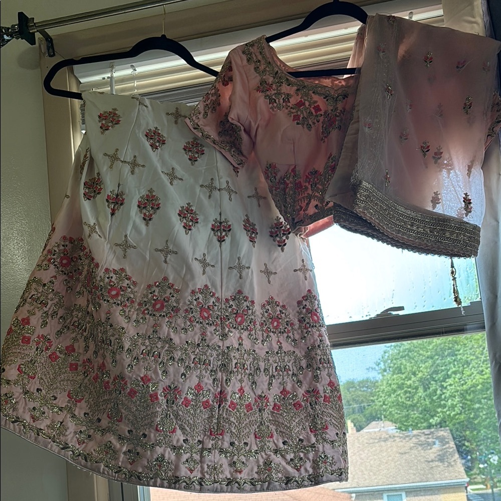 Pink and White Embroidered Lehenga Set